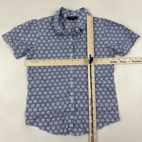 Lands End Girls Sz 8 Blue Floral Button Up Shirt S/S Flower Pearl Buttons Cotton - Picture 2 of 8
